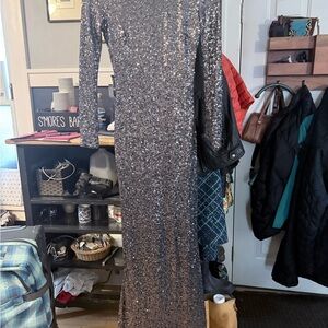 Badgley Mischka Glittering Silver Long Sleeve Dress